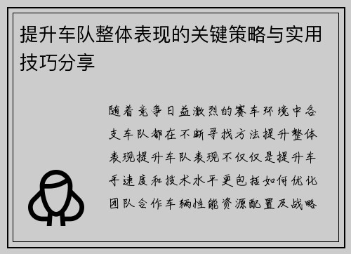 提升车队整体表现的关键策略与实用技巧分享