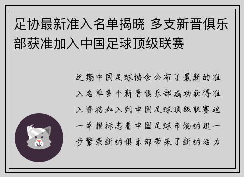 足协最新准入名单揭晓 多支新晋俱乐部获准加入中国足球顶级联赛